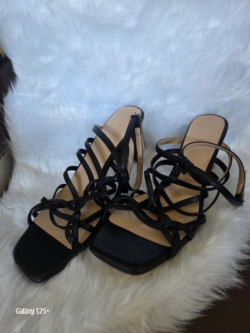 Women's Black Strappy Heeled Sandals with Square Toe